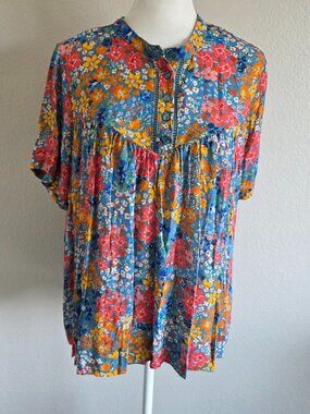 DEAR JOHN Blouse Babydoll Artsy Floral Top Popover Colorful Lace Lader Size M
